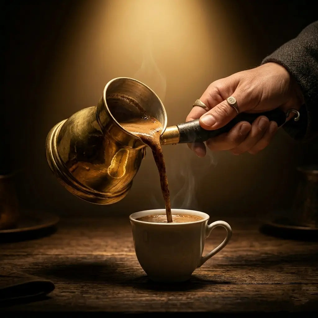 كنكة قهوة نحاس أصفر 100% لامع بيد خشب أسود