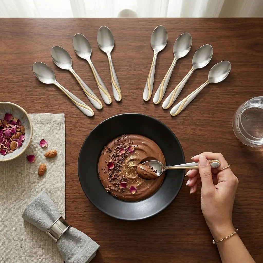ملاعق طعام استانلس استيل تصميم عصري مزخرفه بخطوط ذهبيه انسيابيه